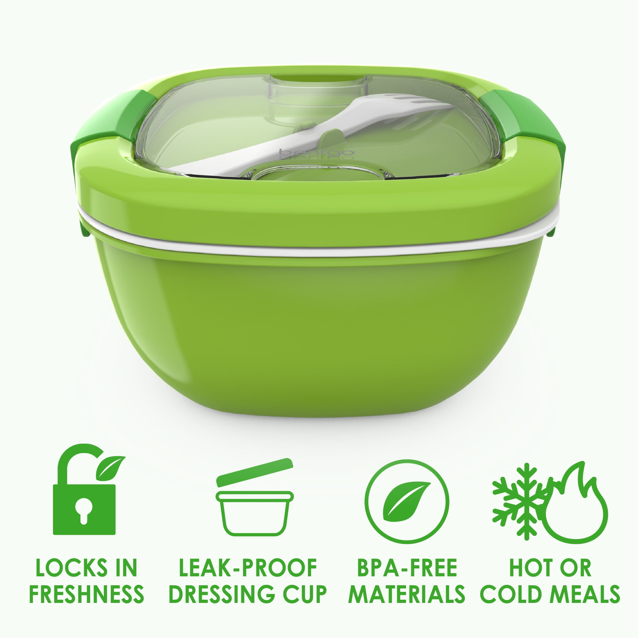 Bentgo Salad Container - 6.75 cup Bowl with 4-Compartment Toppings Tray, Leak-Proof Dressing Container, Reusable Fork, BPA-Free Lunch Box for Meal Prep & Food Storage; Removable Bento Tray (Green)