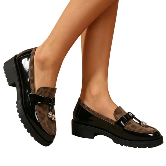 HEWUQI Platform Penny Loafers for Women Work Walking Slip on Business Casual Non Slip Chunky Leather Suede Splicing Dress Shoes Black Size 6.5