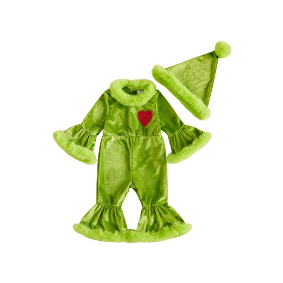 RUINIXCW Toddler Baby Girl Christmas Outfit Velvet Romper Infant Girl Fall Winter Clothes Heart Embroidery Long Sleeve Flare Pants Jumpsuit with Hat