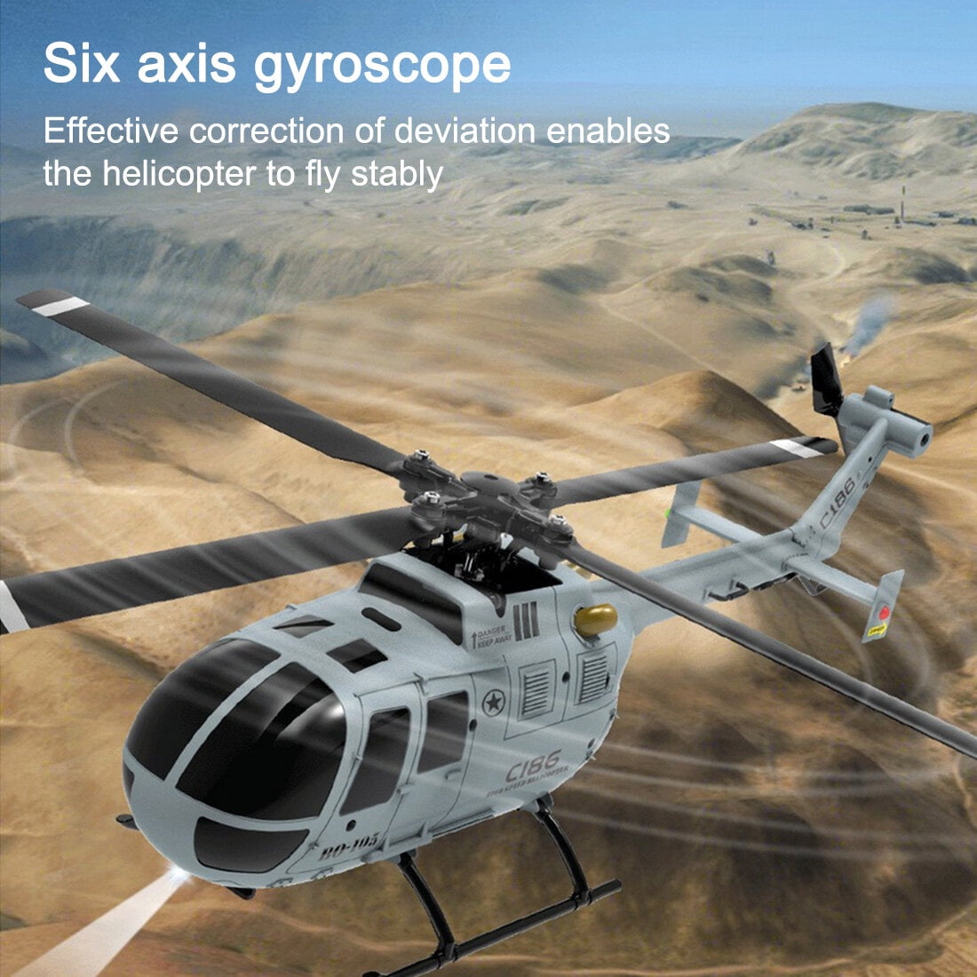 C186 BO105 RC Helicopter 2.4G 4CH Single Rotor 6-Axis Gyro RTF Flying Military Aircraft Model with Altitude Hold Optical Flow/ One-Key Takeoff for Adults & Teens