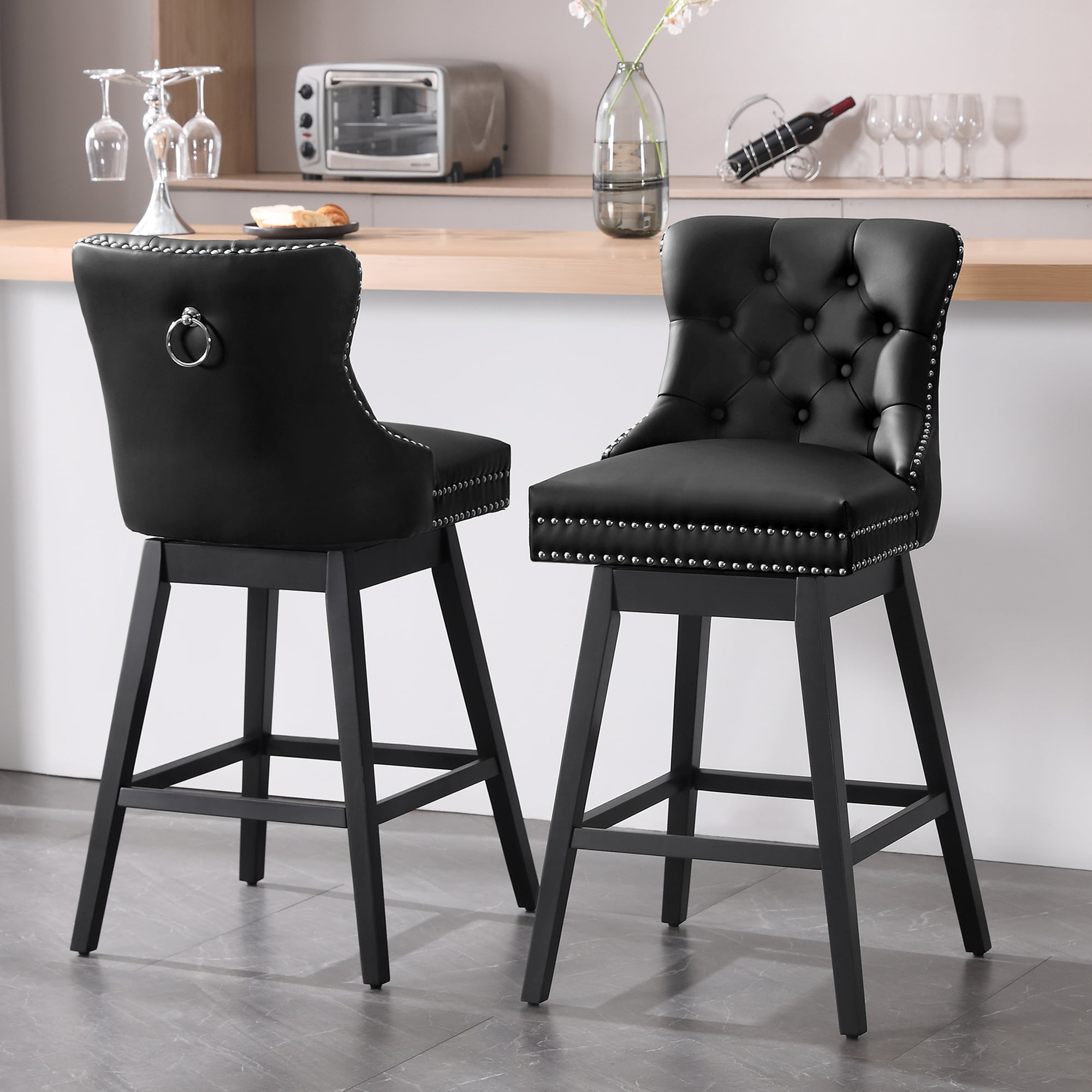 Tewloss 30" Swivel Bar Stools Set of 2 With Back Leather Bar Height Chairs for Home Kitchen, Black