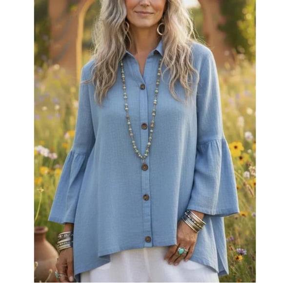 HongQid Women's Asymmetrical Hem Casual Blouses Linen Tops Cute Bell Sleeve V Neck Button-Down Collared Shirts