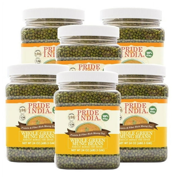 Pride Of India - PACK of 6 - Indian Whole Green Mung Gram - Protein & Fiber Rich Moong Whole, 1.5 Pound Jar