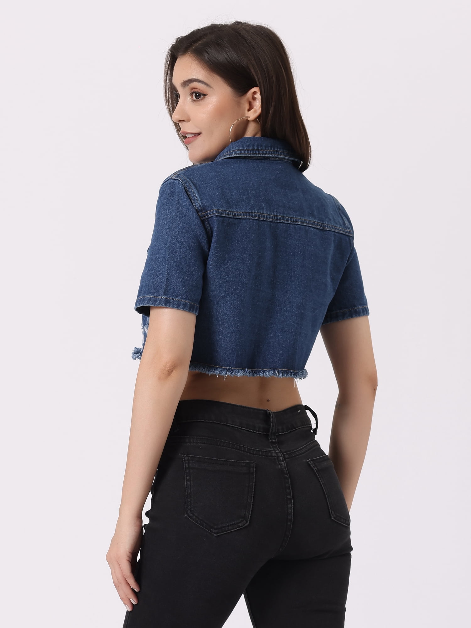 DARING DIVA Women's Collared Frayed Jean Denim Crop Jackets XL Blue