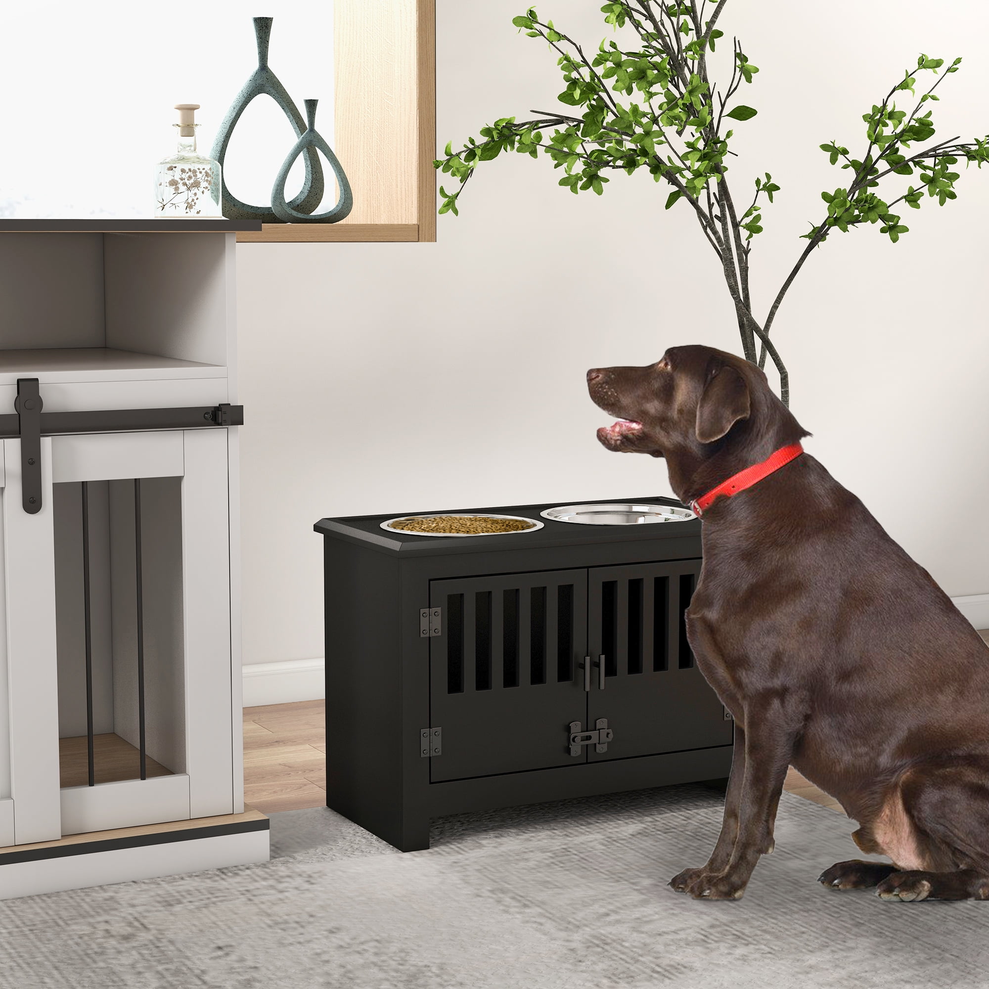 Large Elevated Dog Bowls with Storage Cabinet Containing Large 37L Capacity, Raised Dog Bowl Stand Pet Food Bowl Dog Feeding Station, Black