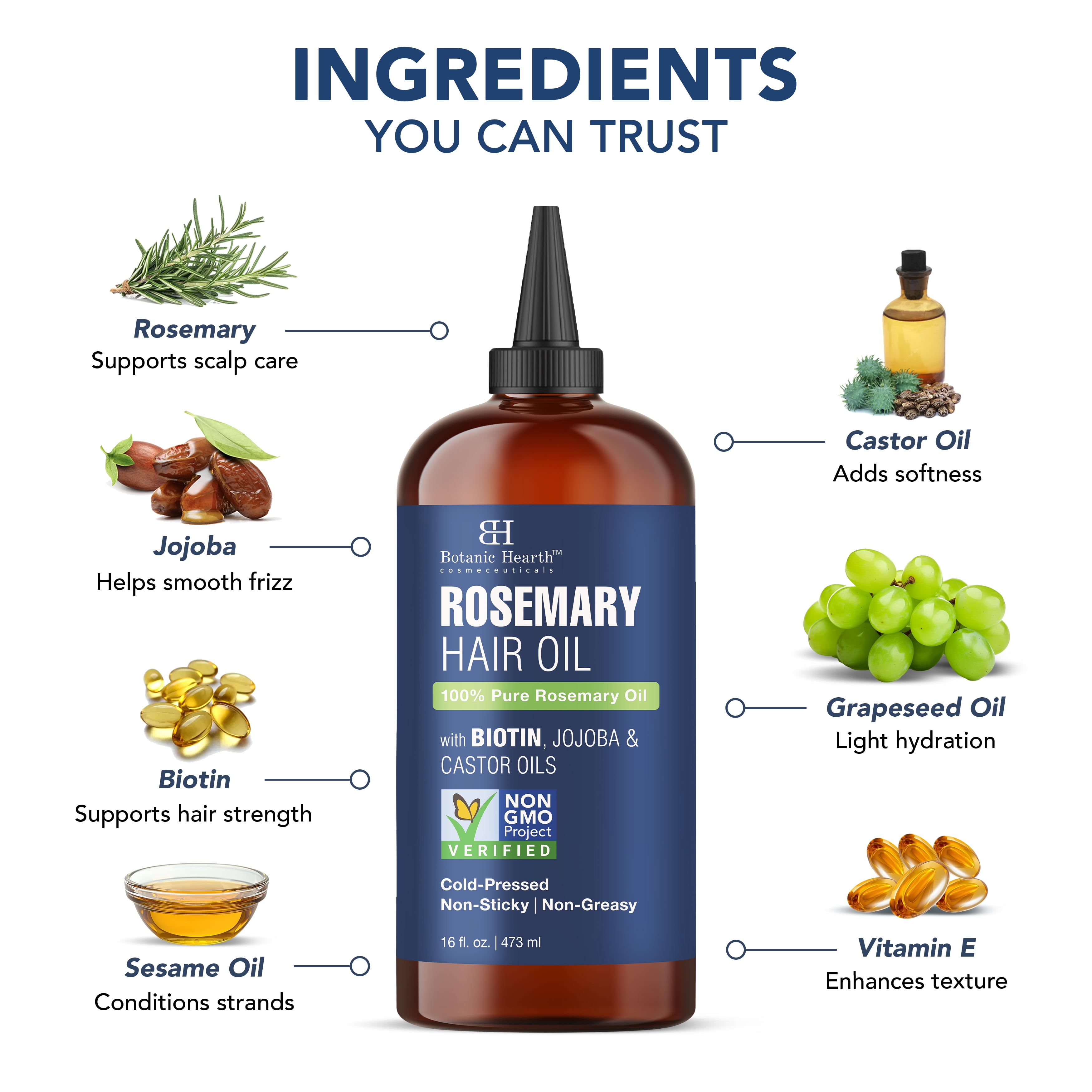 Botanic Hearth Rosemary 16 fl oz HAIR OIL (Carrier oil PET bottle packging + Ambered colour + inner plug + nozzle + combo applicator + With Scalp Massager +Shrink Sleeve without monocarton