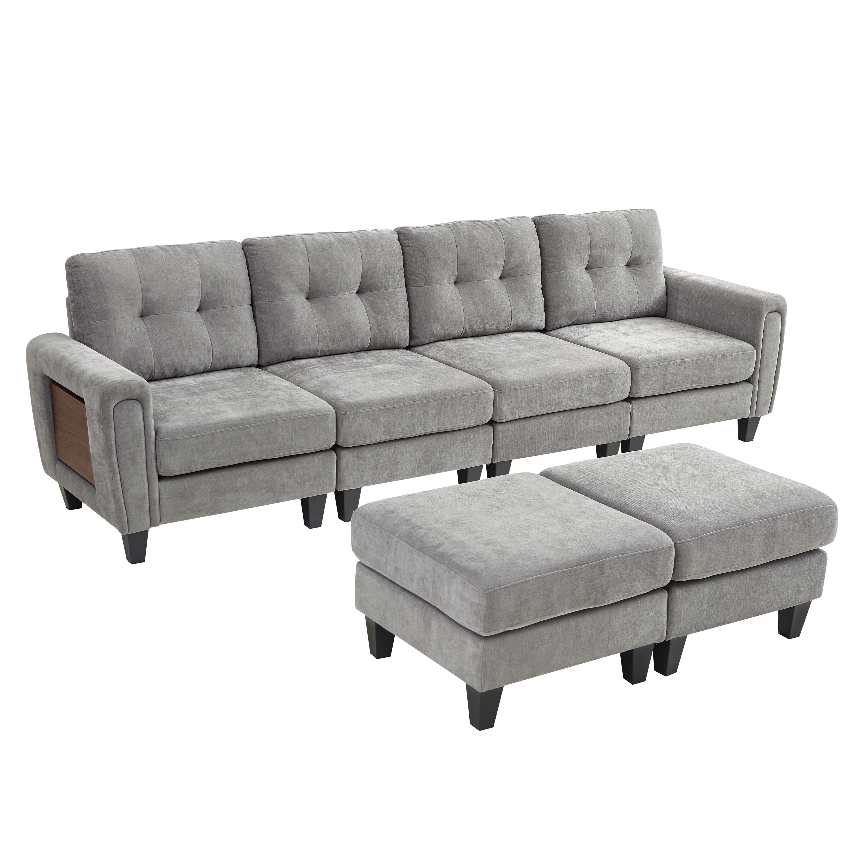 Euroco Modern Sectional Sofa 115" U-shaped Sofa Upholstered Sofa Couch with Two Movable Ottomans, USB Ports and Side Tables for Living Room, Grey