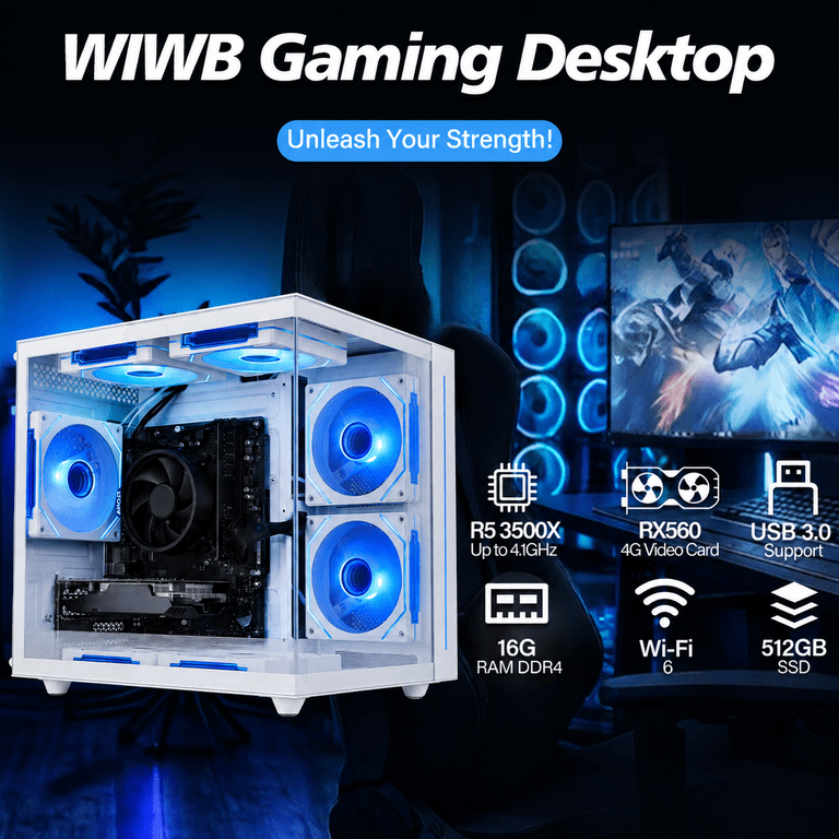 WIWB Gaming Desktop PC, Ryzen 5 3500X, RX560 4G, 16GB RAM, 512GB WIWB Gaming Desktop PC, Ryzen 5 3500X, RX560 4G, 16GB RAM, 512GB