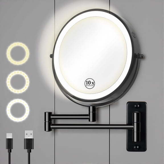 8 in. Wall-Mount Lighted Makeup Mirror, 1X/10X Double-Sided Magnifying Bathroom Mirror with Rechargeable Battery, 3 Color LED Lights, Matte Black