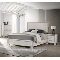 Beautiful Lustrous White Cream Finish King Panel Bed Chest Nightstand 3pc Bedroom Set