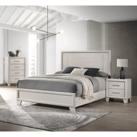 Beautiful Lustrous White Cream Finish King Panel Bed Chest Nightstand 3pc Bedroom Set