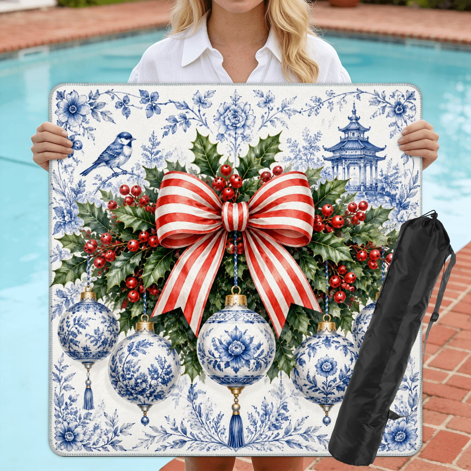 Mahjong Mat 31.5" x 31.5" Christmas Wreath Blue White Porcelain Ornaments Red Ribbon Non-Slip Noise Reduction American Mahjong Tiles Table Cover for Dominoes Poker Card Board Games Gift