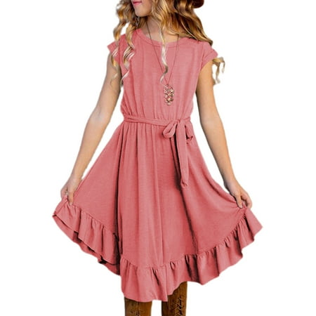 

Shakub Girls Kids Plain Cowgirl Children Ruffle Swing Dress Crew Neck Short Sleeve Casual Summer Midi Sundress