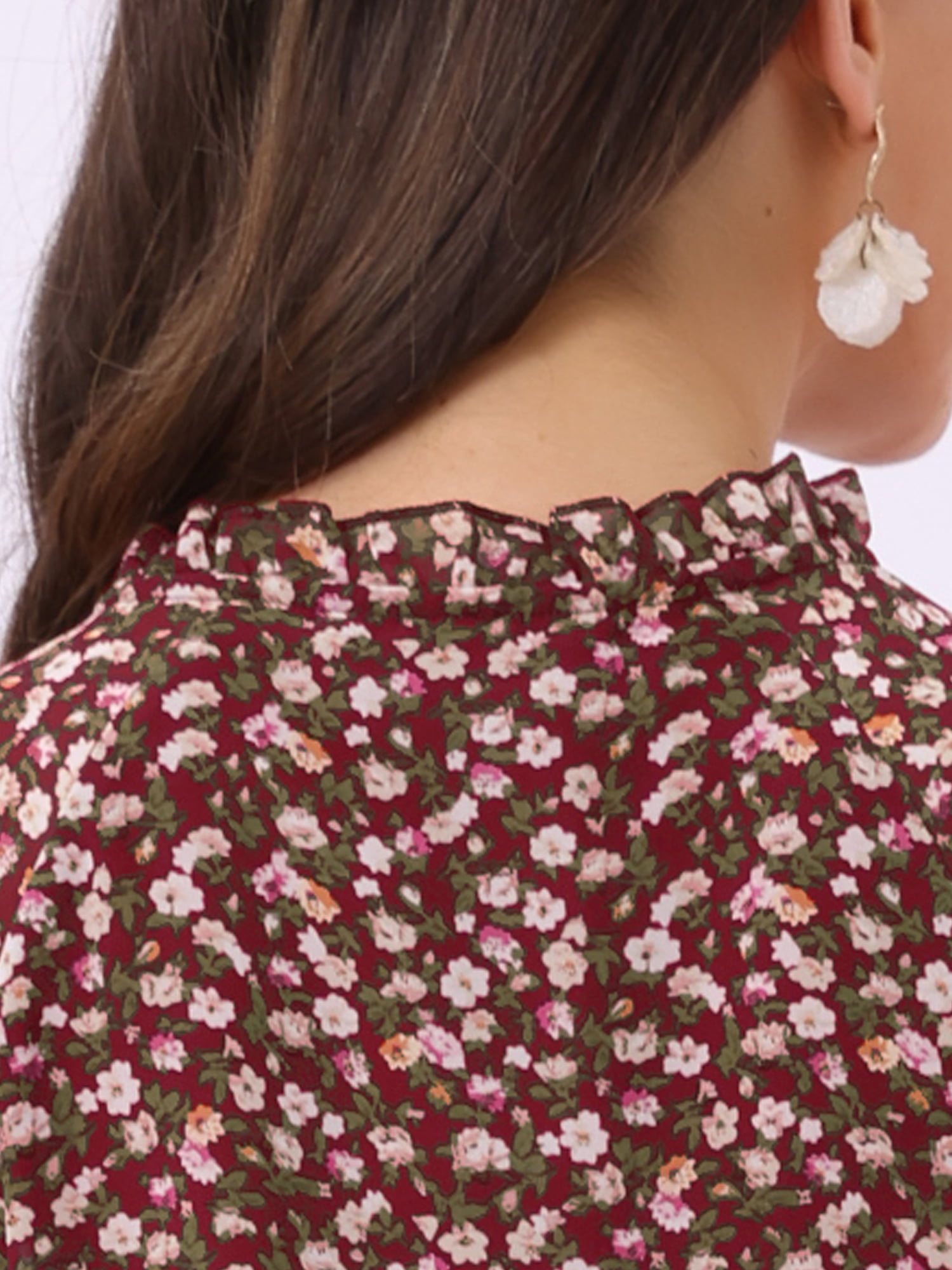 DARING DIVA Women's Ruffle V Neck Cap Sleeve Chiffon Floral Blouse Top S Dark Red