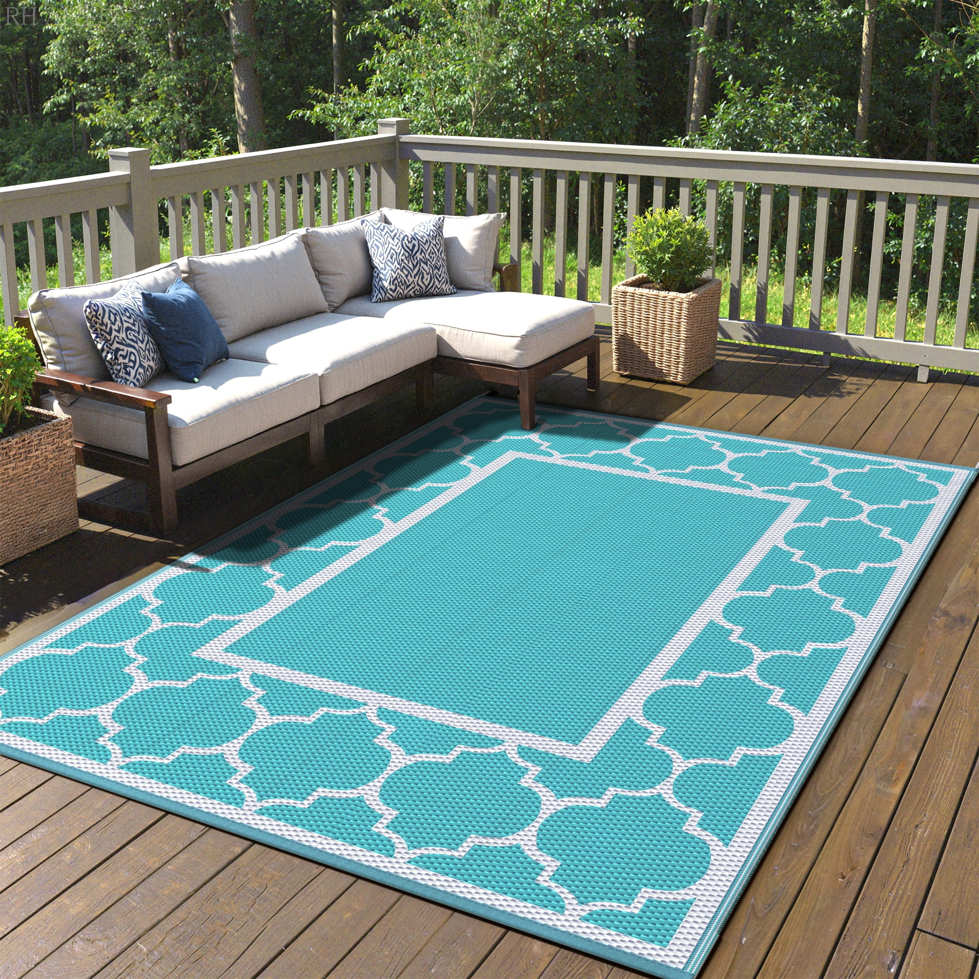 DEORAB Outdoor Rugs Waterproof Plastic Straw Mat 6'x9' Reversible for RV Patio Deck Beach Aqua Blue & White