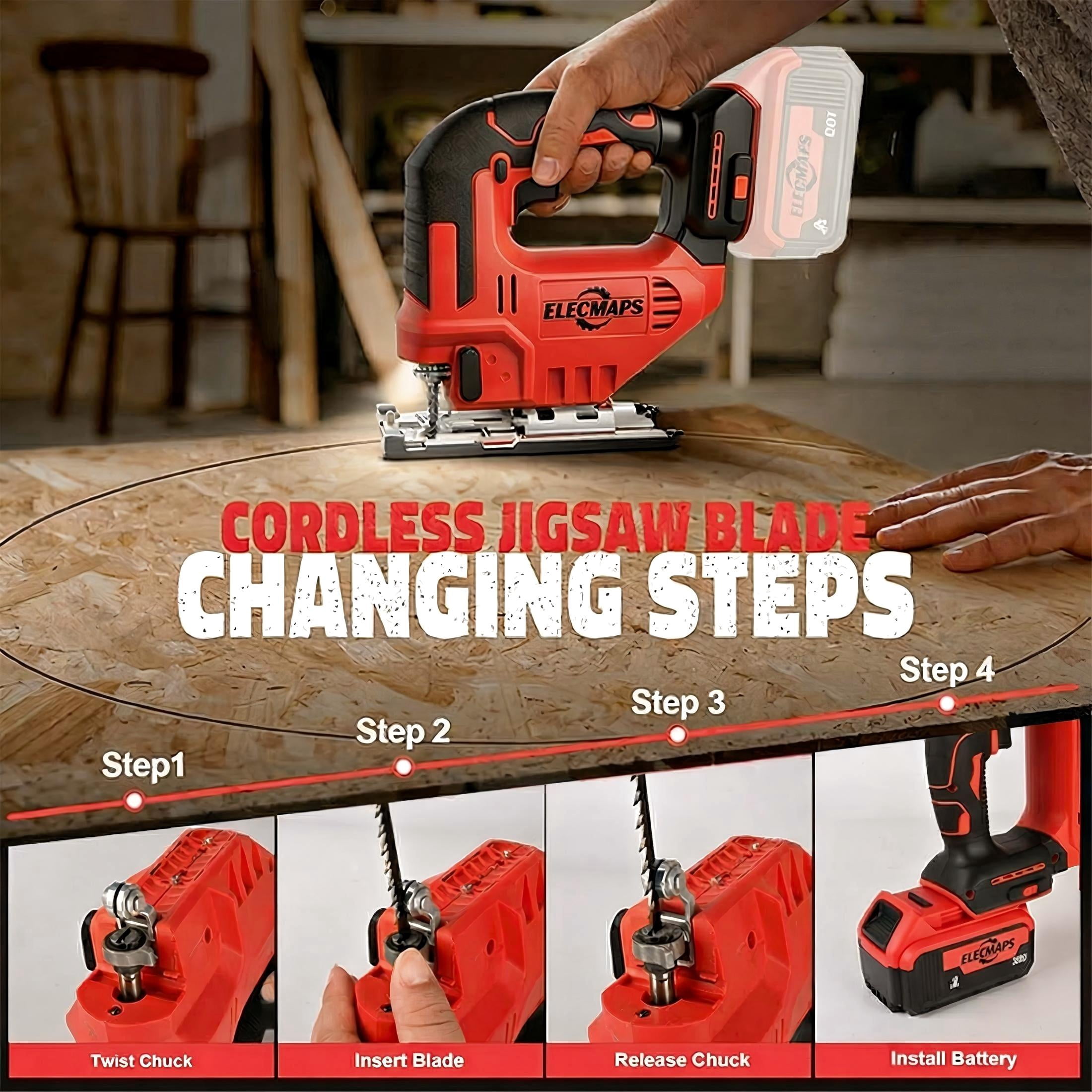 ELECMAPS Cordless Jigsaw 2700 SPM, Compatible with Milwaukee M18 Batteries, Multi-Blades for Wood Metal PVC Cutting (Battery Not Included)