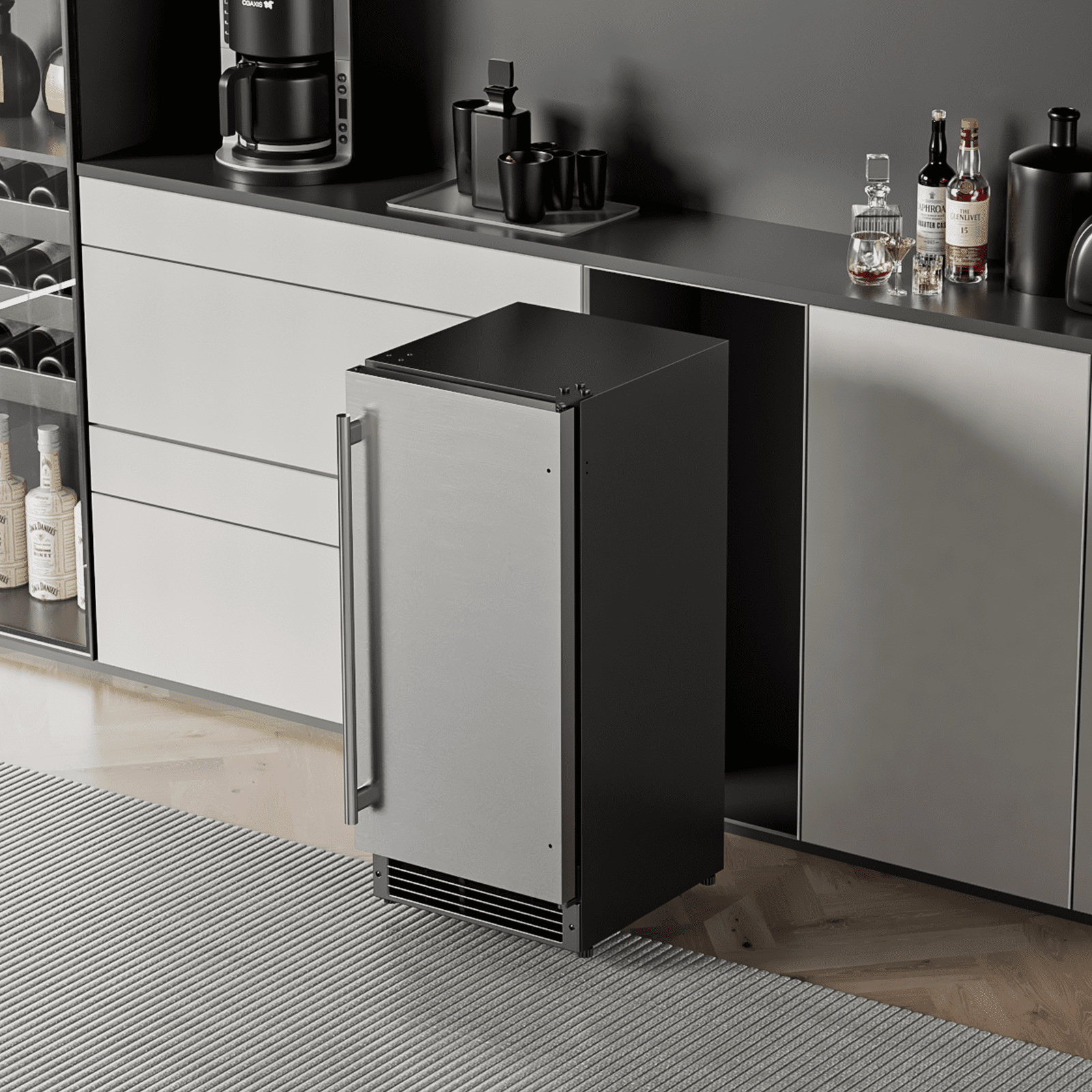 RIOXC 15" W Drainless Under Counter Ice Maker with 22LBS Storage Bin, Crescent Ice, Free Standing Built-in Ice Maker for Residential Commercial Use, No Drain Required, ETL Approved