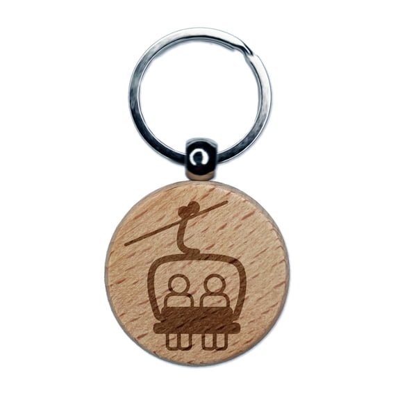 Snowboard Ski Lift Resort Chairlift Round Keychain Charm Tag - Engraved Wood