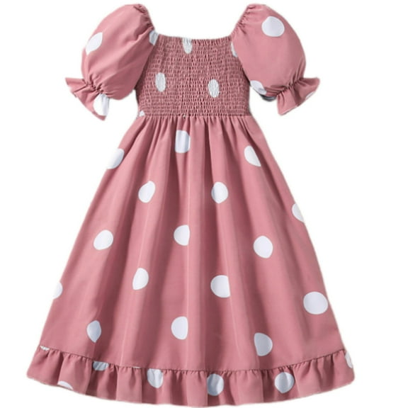 PINQI Pageant Dress for Toddler Girls Summer Bubble Short Sleeve Dot Printed Chest Elasticized Princess Dress Floor Length Dress