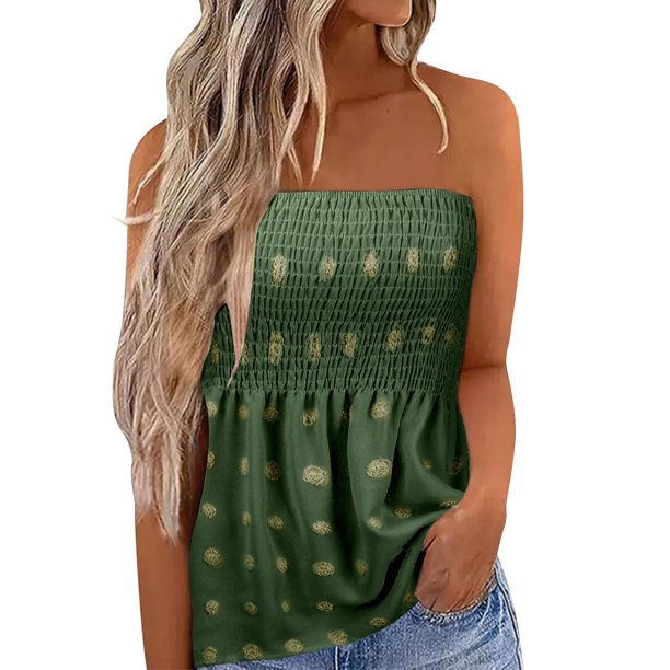 ICHUANYI Clearance Women Strapless Bandeau Lace Patchwork Summer Casual Sleeveless Tube Blouse Top(Army Green, M) ICHUANYI WER2023081005377