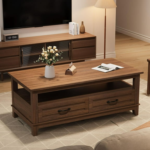 Soonbuy Farmhouse Coffee Table with Drawers, 47.2" Center Table Rustic Coffee Tables Walnut Living Room Table with Open Shelf, 6 Support Legs