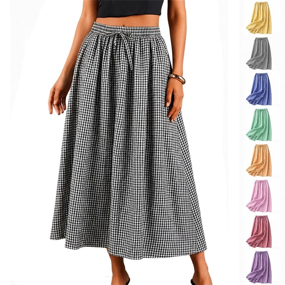 Purcolt Women's Plaid Gingham Maxi Skirt with Pockets High Waist A Line Pleated Flared Gingham Casual Swing Long Skirt