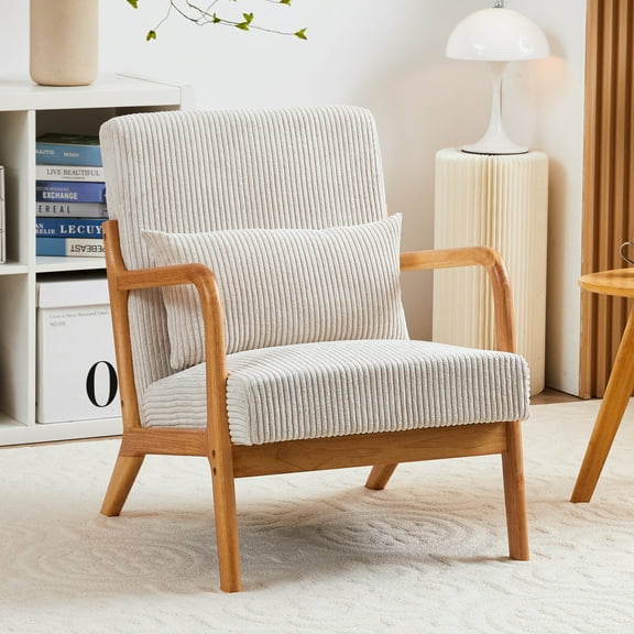 HSUNNS Mid-Century Accent Chair, Modern Ergonomic Design Armchair with Pillow Upholstered and Solid Wood Frame, Reading Armchair for Bedroom, Reception Room and Living Room, Beige