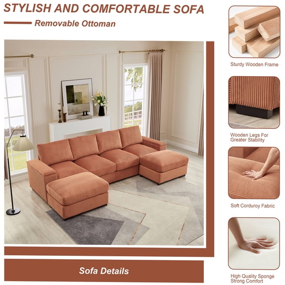 JERFIT Modern U-Shaped Corduroy Sectional Sofa with 2 Ottomans, Convertible Sleeper Couch for Living Room, Orange