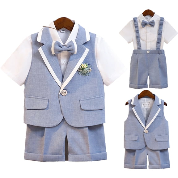 LYMAYTER Boys Children Formal Suit Set Short Top Shorts Bowtie Belt Wedding Summer Outfit 1-11Y
