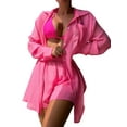 thumbnail image 3 of KelaJuan Women Summer 2 Pieces Clothes Outfits Solid Color Turn-Down Collar Long Sleeve Shirts and Elastic Waist Shorts Beach Holiday Set, 3 of 8
