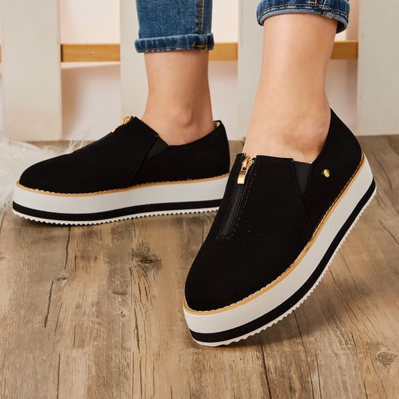 Vedolay Women's Platform Loafers Shoes for Women Comfortable Slip On Flat Casual Low Top Shoes,Black 6.5