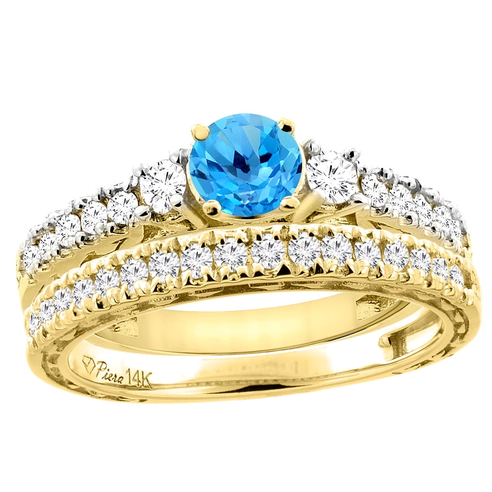 14K Yellow Gold Diamond Natural Swiss Blue Topaz Engagement 2-pc Ring Set Engraved Round 6 mm, size 5 by Gabriella Gold