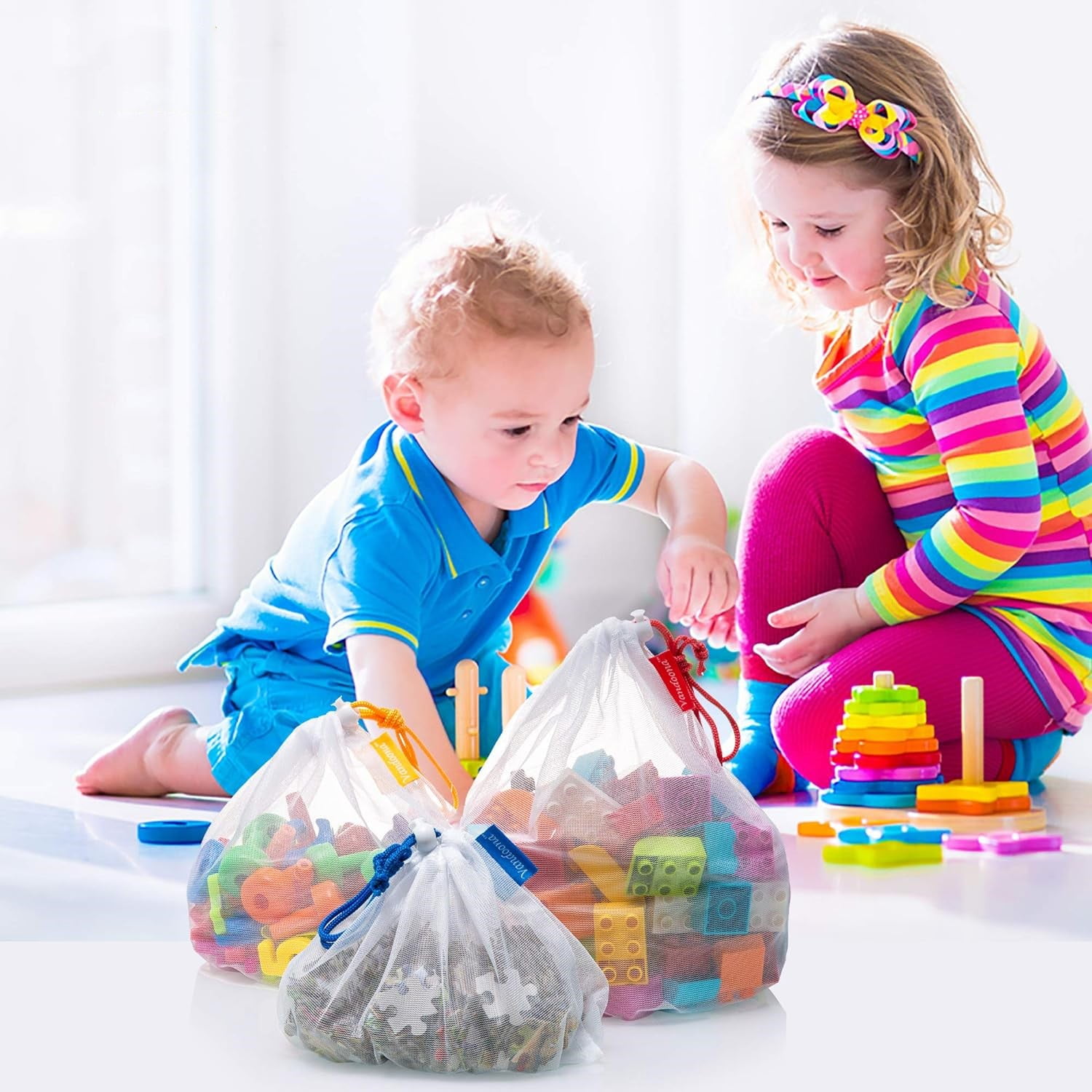 12 Packs Toy Storage & Organization Mesh Bags Eco Friendly Washable Mesh Bags & Color Coded Drawstrings by Size S, M, L. Playroom Organization, Baby Toys, Game Pieces, Toy Sets, Bathtub Toys