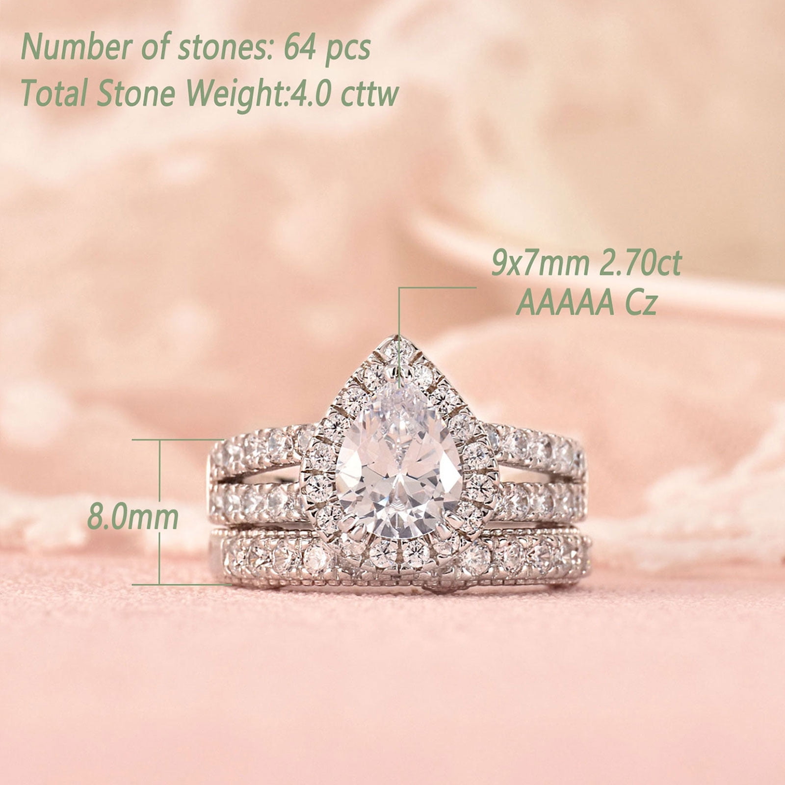 Wuziwen 4 Ct Wedding Engagement Ring Set for Women Pear Sterling Silver Ring Cubic Zirconia Size 9