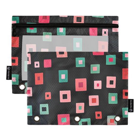 FORMRS 2 Pack Pencil Pouch for 3 Ring Binder with Clear Window Zipper Case, Red Block Pattern