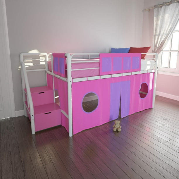DHP Junior Metal Loft Bed with Storage Steps and Pink Curtain Set, Twin