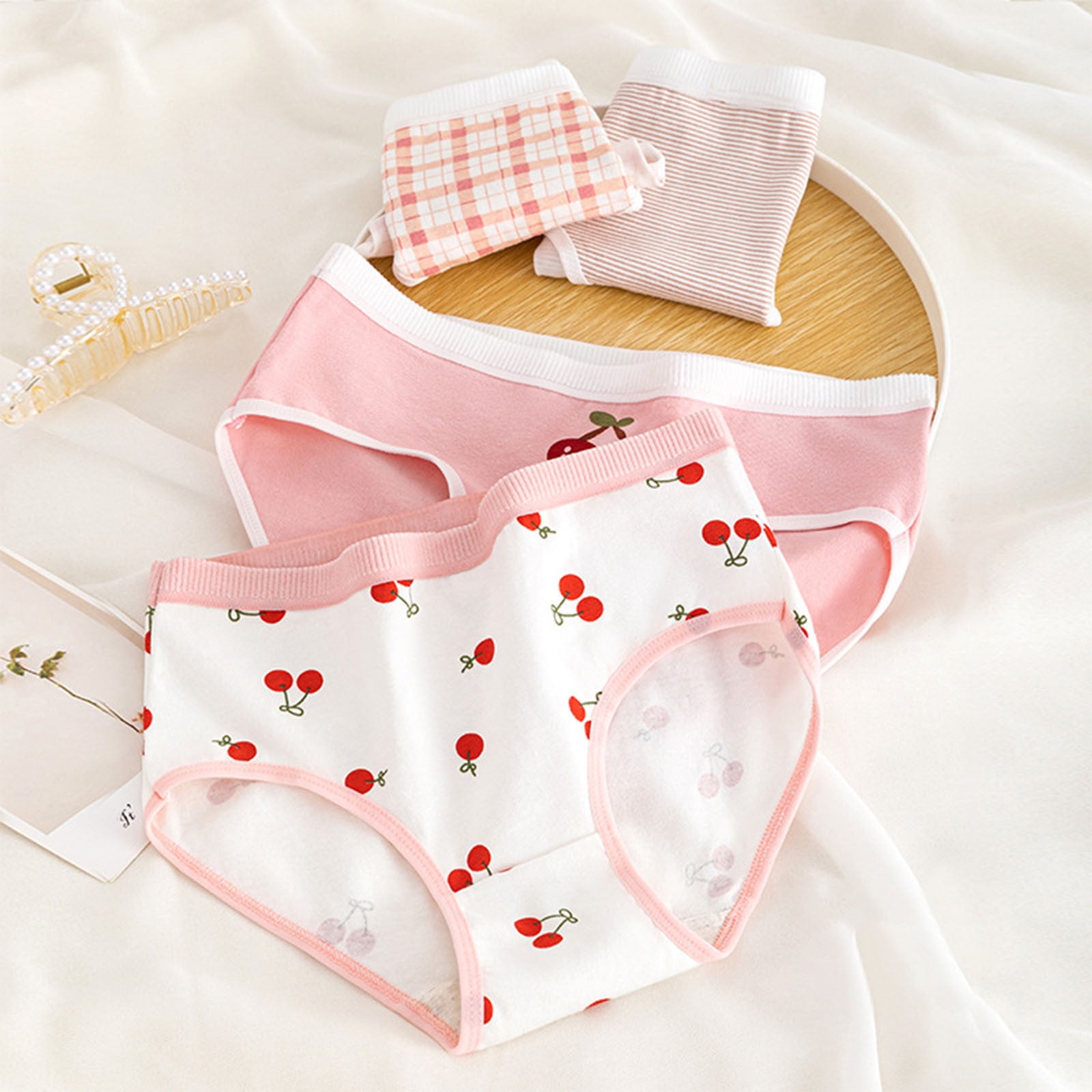 Guluxicc 5 Pack Juniors Girls Antimicrobial Cotton Brief Panties Cherry Floral Plaid Print Underwear Soft Comfortable Breathable Underwear 14-17 Years