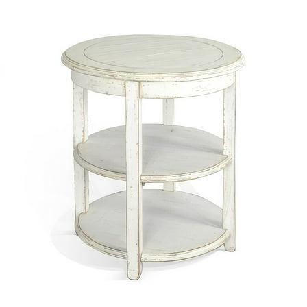 Rena Side End Table with 2 Shelves- 24 Inch Round White Mahogany Wood
