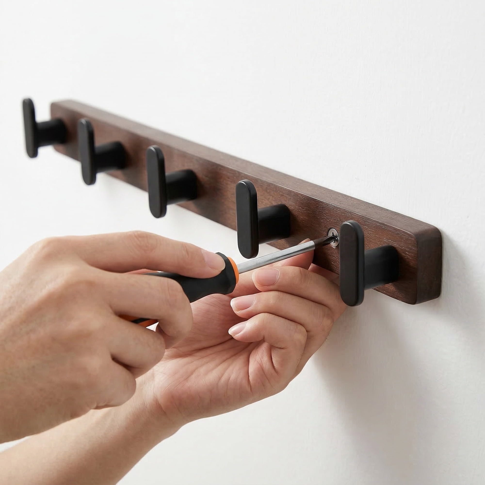Unique Bargains Coat Rack Wall Mount Aluminum Wood 5 Hooks for Hanging Entryway Black