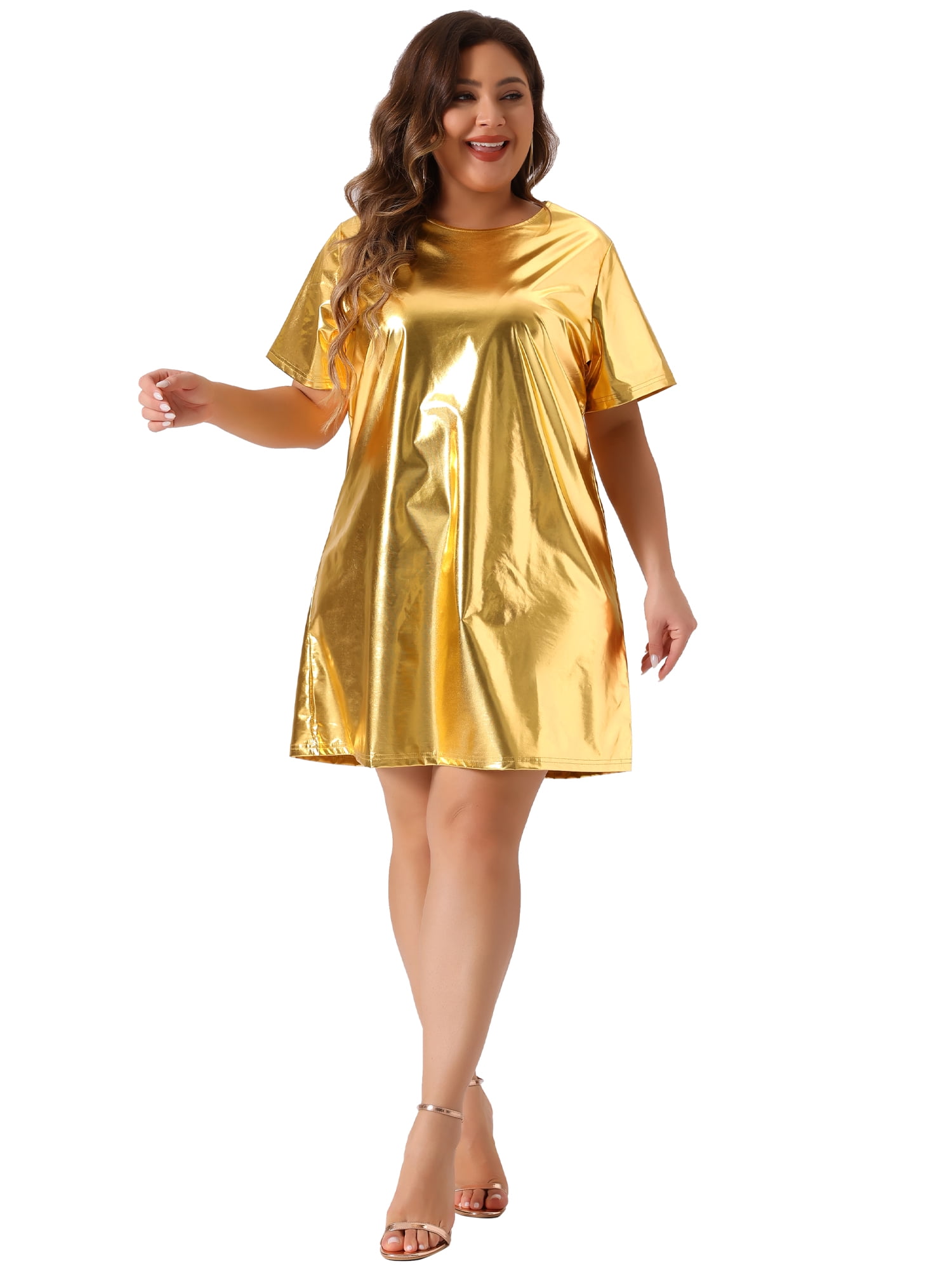 DARING DIVA Plus Size Metallic Round Neck Short Sleeve Mini Dress 3X Gold