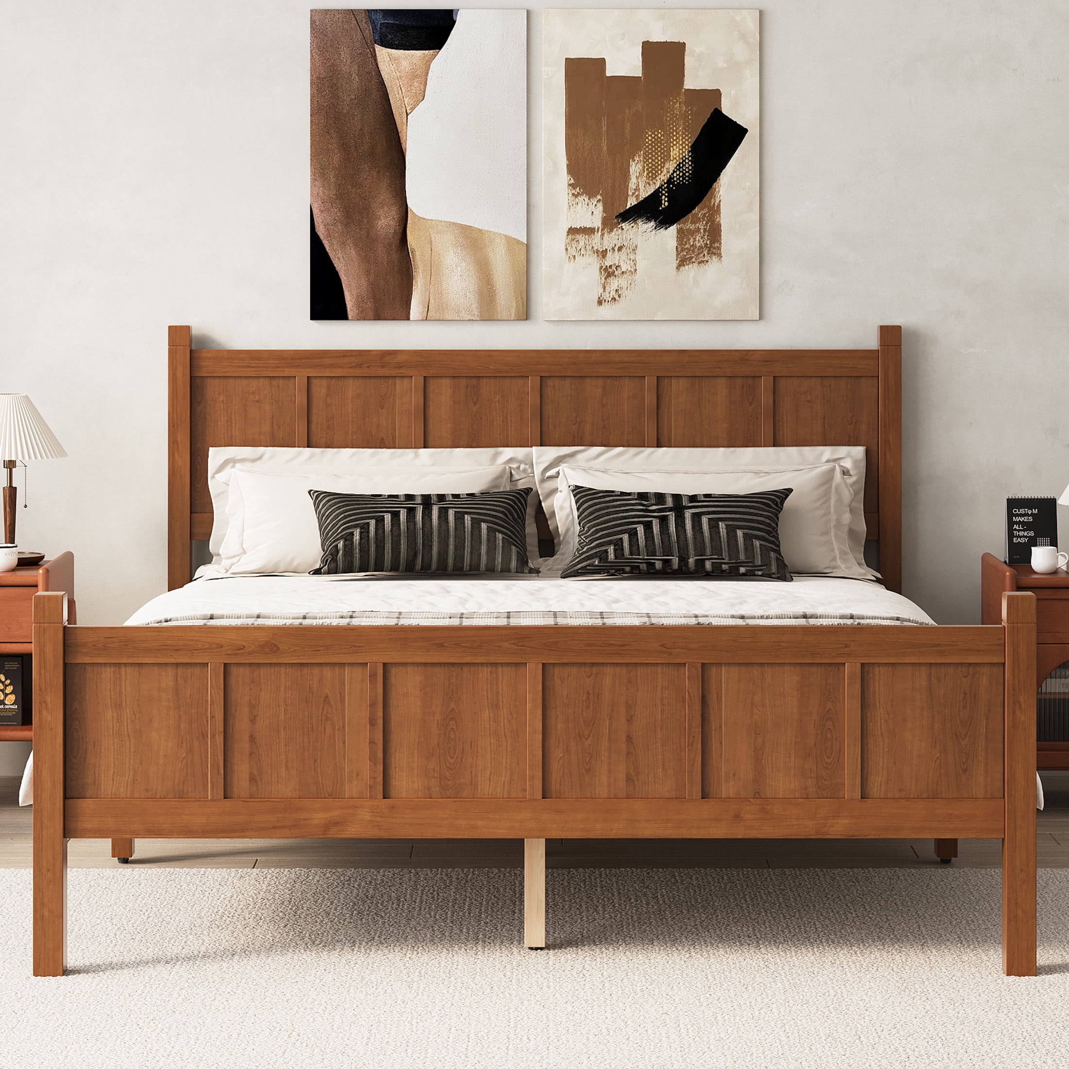 Noble House Queen Platform Bed with Headboard and Footboard, Wood Frame, Light Walnut