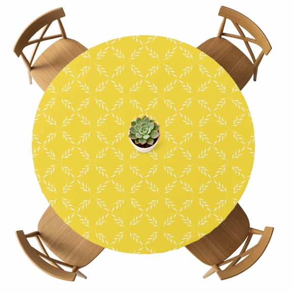 Round Fitted Tablecloth with Elastic Yellow Plaid Tablecloths Waterproof Oil Proof Diamond Texture Table Cover for Kitchen Dinner Holiday Party Picnic Fits Tables up to 36"- 44" Diameter