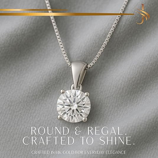 14K Solid White Gold Lab Grown Moissanite Round Cut Solitaire Pendant | Dangle Bail | 8.0mm 2.0 CTW | 16–18” Adjustable Box Link Chain| Fine Jewelry Luxury Gift | Birthday, Anniversary, Mothers Day