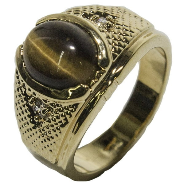 RS Covenant Men's 18 KT Gold Plated Dress Ring with Genuine Tiger Eye