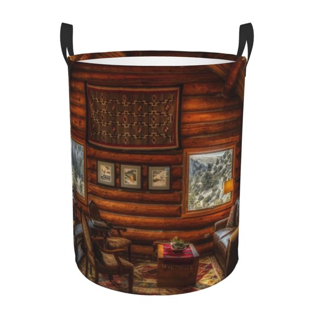 Fotbe Log Cabin Inside Cesto de Ropa con Asas, Cesto Impermeable de Gran Capacidad, Bolsa de Lavado para Dormitorio, Cesto de Ropa con Ruedas y Asas-Small