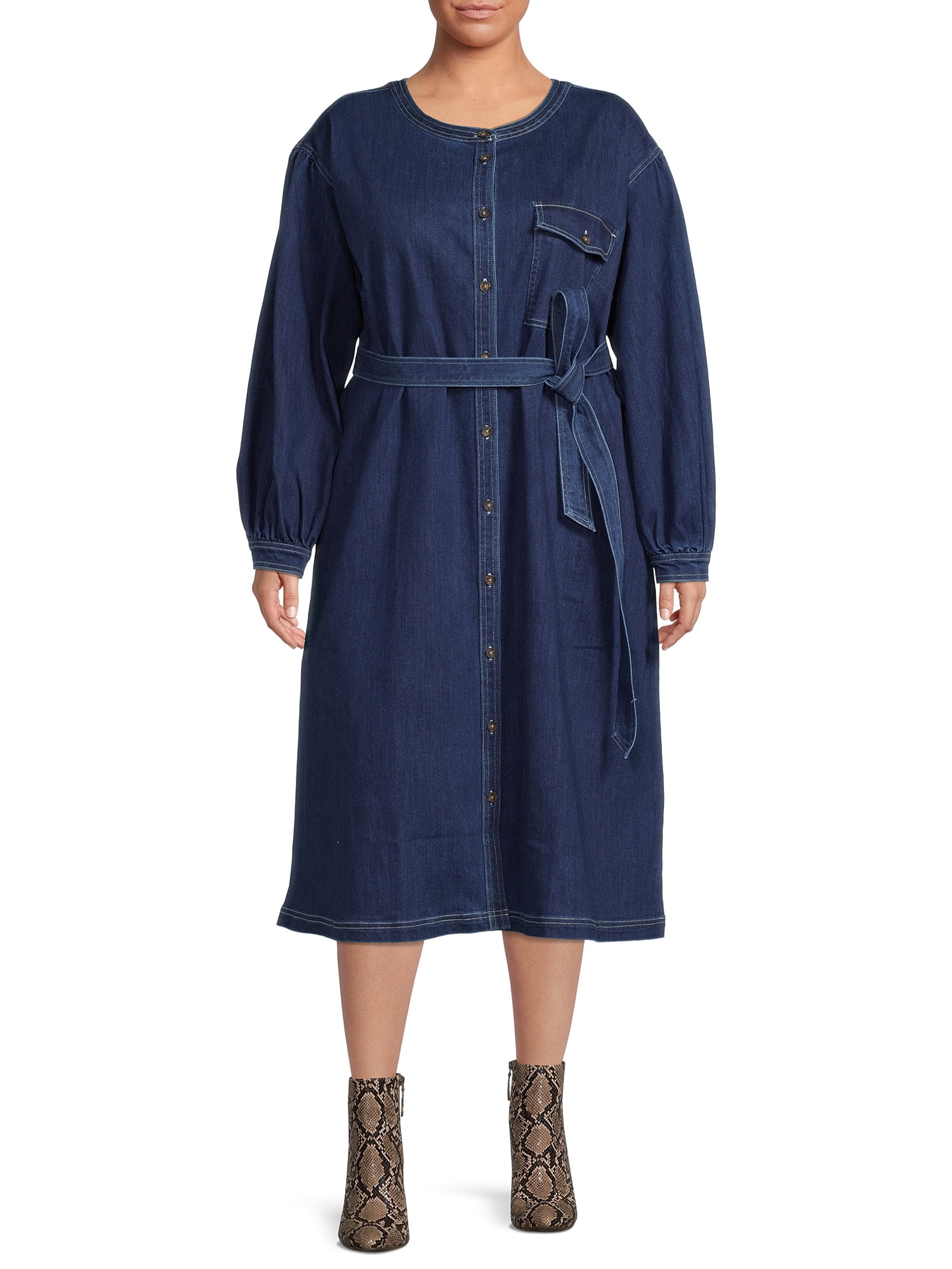 The Get Women's Plus Size Denim Button Front Dress with Balloon