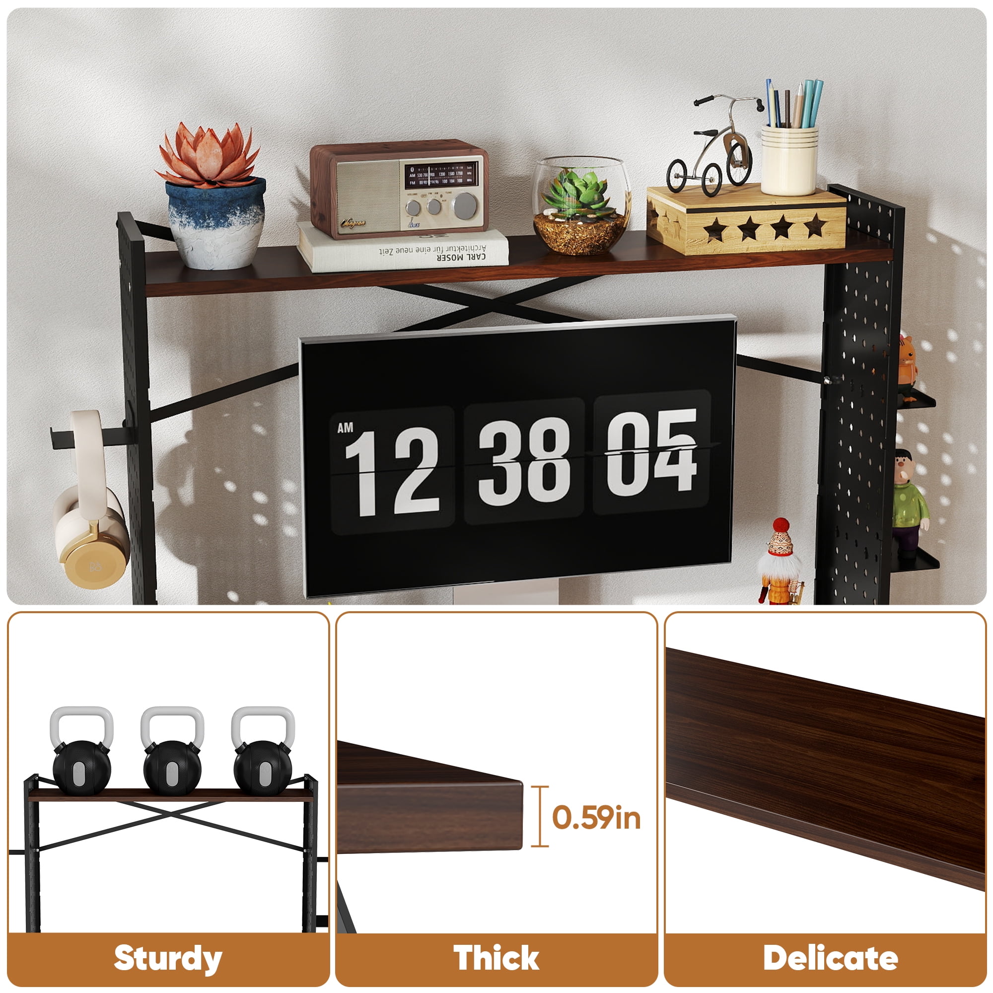 Gomok 2-Tier Desktop Bookshelf, Adjustable Desk Shelf Bookcase Storage Rack with Tray & Grid Panel, Black