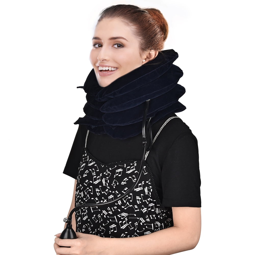 Cervical Neck Traction Device, 4 Layers Inflatable Adjustable Neck Brace Stretcher Posture Corrector, Air Pump Neck Support, for Neck Pain Relief Spine Alignment(Dark Blue）