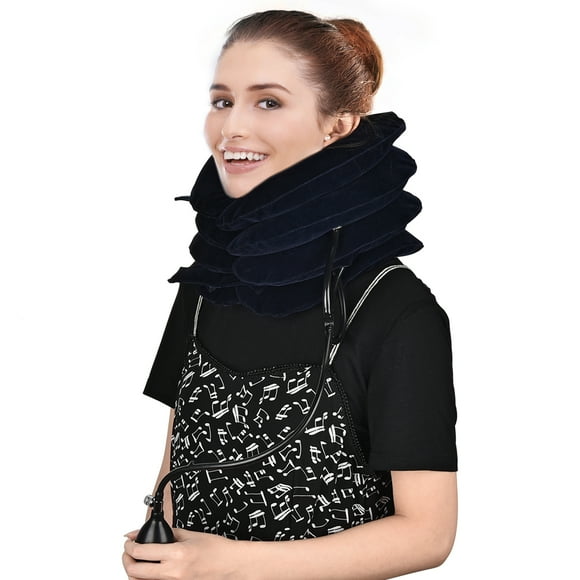 Cervical Neck Traction Device, 4 Layers Inflatable Adjustable Neck Brace Stretcher Posture Corrector, Air Pump Neck Support, for Neck Pain Relief Spine Alignment(Dark Blue)