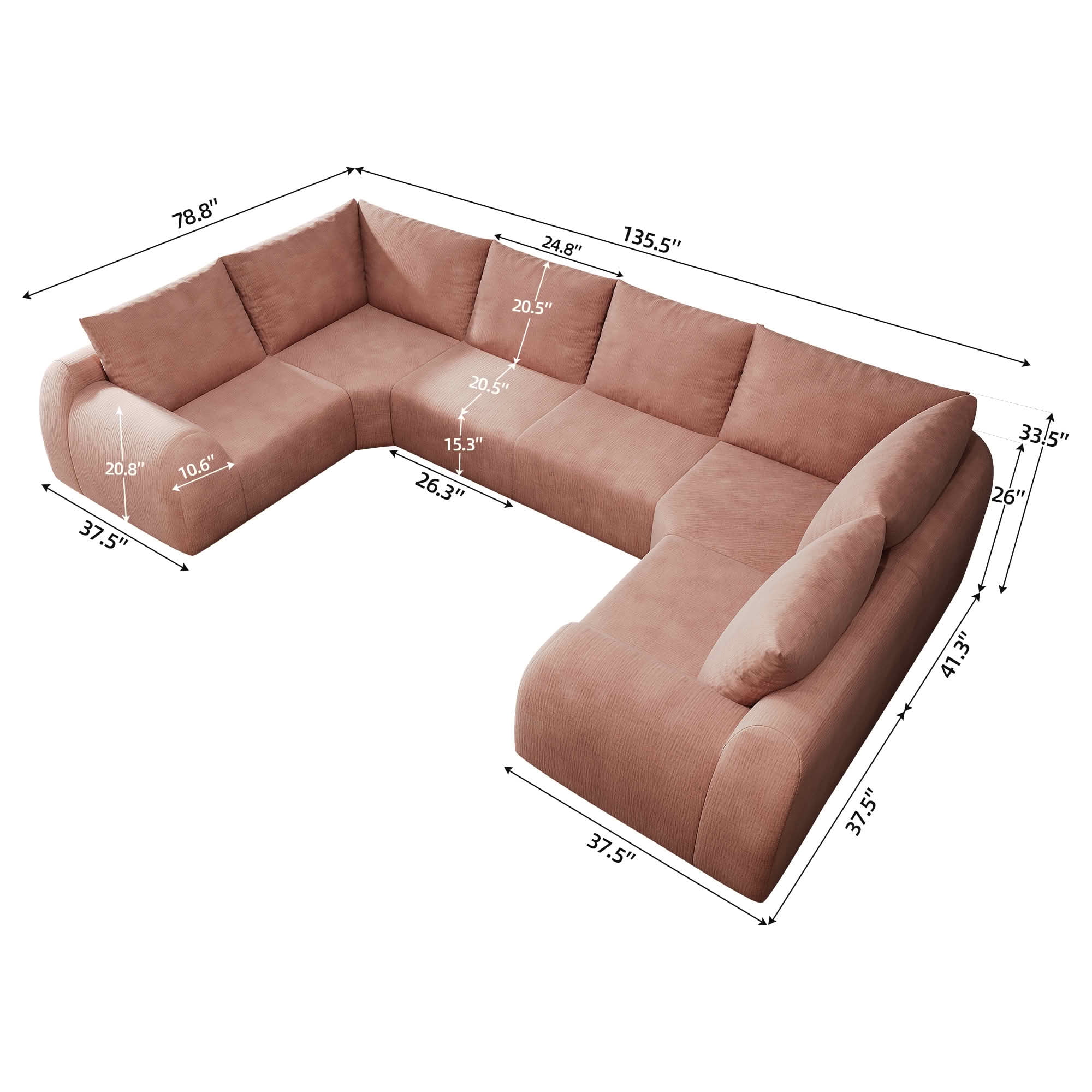 MAYEERTY 135.5 Inch 6-Seat U Shape Cloud Modular Sectional Sofa, Vacuum Compressed Chenille Fabric Couch, No Assembly Needed for Living Room